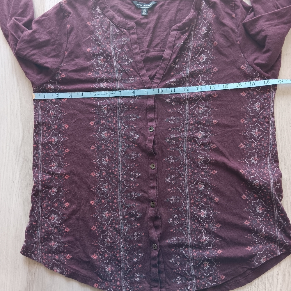 Lucky Brand Long-Sleeved Cotton Blend V-Neck Shirt Floral Purple White Medium - Picture 7 of 14